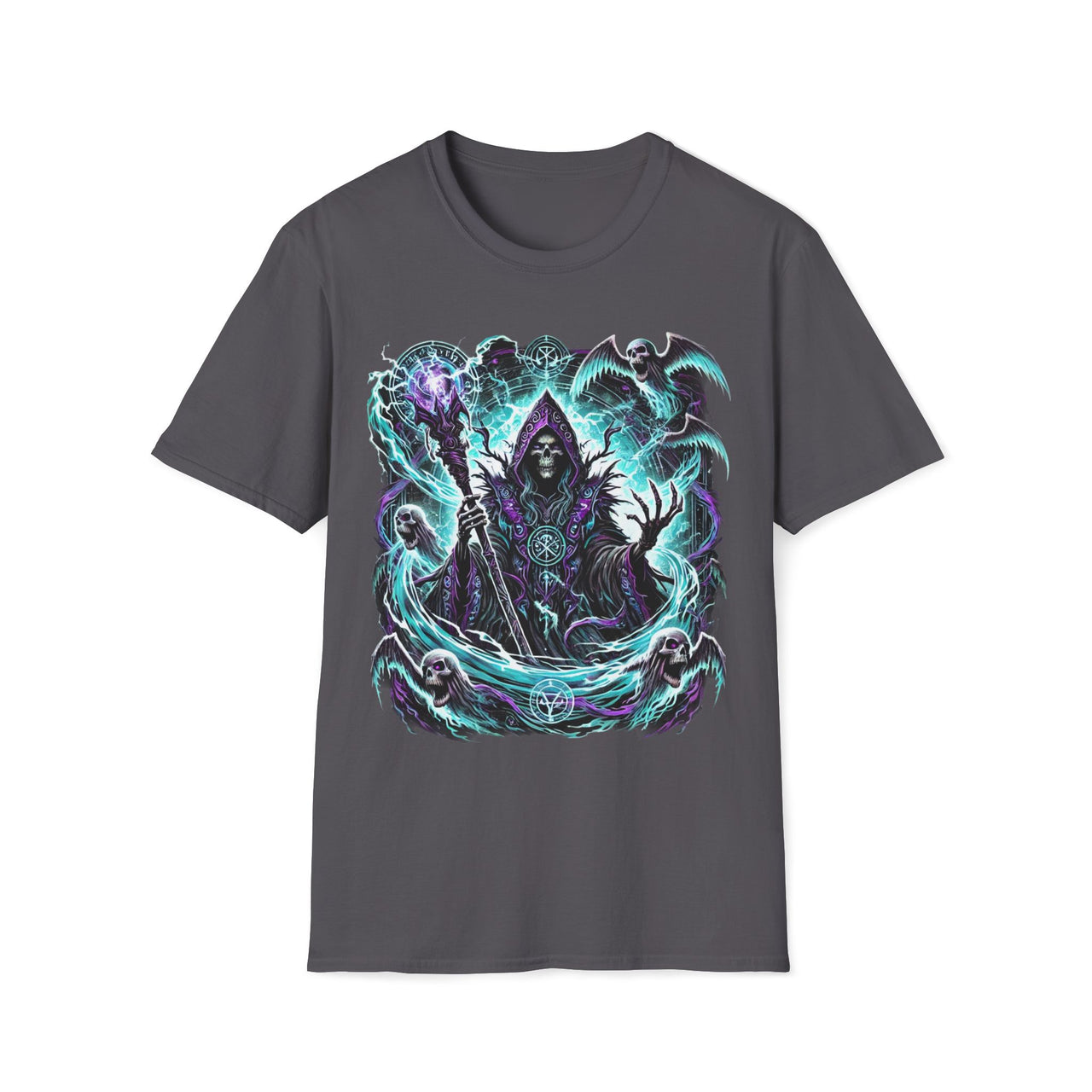 Macabre Threads Charcoal Spectral Sovereign – Grim Reaper Sorcerer T-Shirt