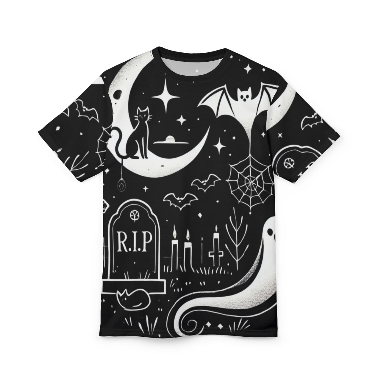 Macabre Threads Black stitching Phantom Night All-Over Print T-Shirt – Moonlit Graveyard Ghost Tee