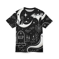 Macabre Threads Black stitching Phantom Night All-Over Print T-Shirt – Moonlit Graveyard Ghost Tee