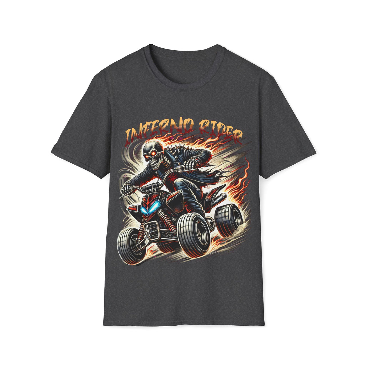 Macabre Threads Dark Heather Inferno Rider - Fiery Skeleton on ATV Graphic Tee