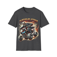 Macabre Threads Dark Heather Inferno Rider - Fiery Skeleton on ATV Graphic Tee