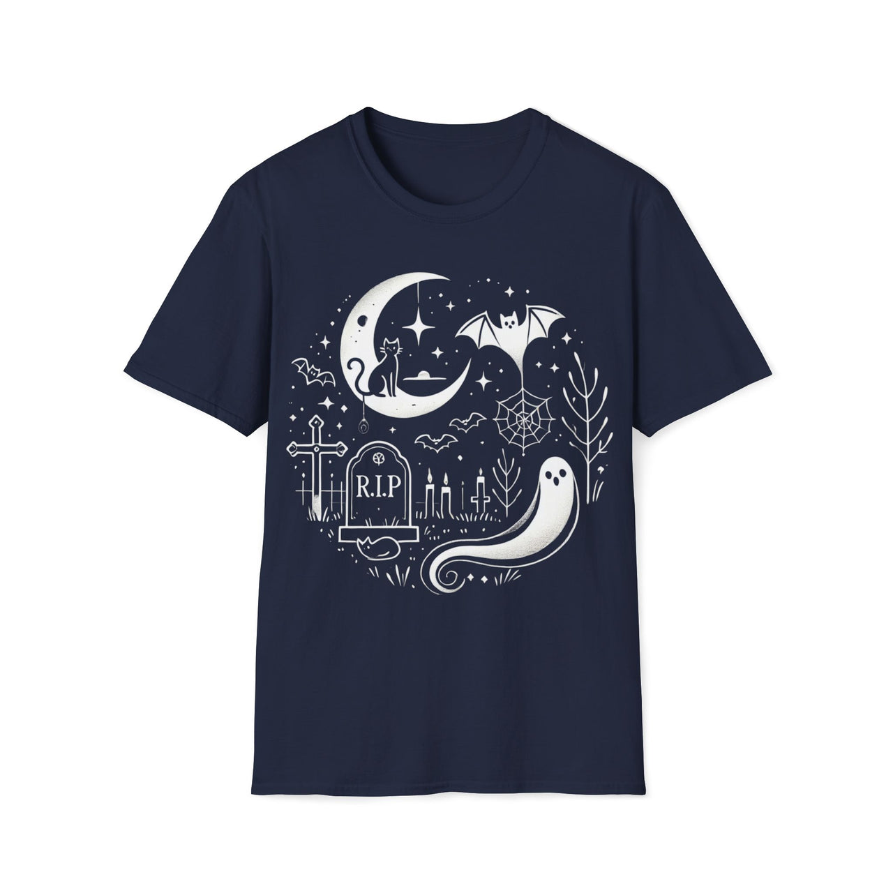 Macabre Threads Navy Graveyard T-Shirt | Whimsical Halloween Ghost Tee