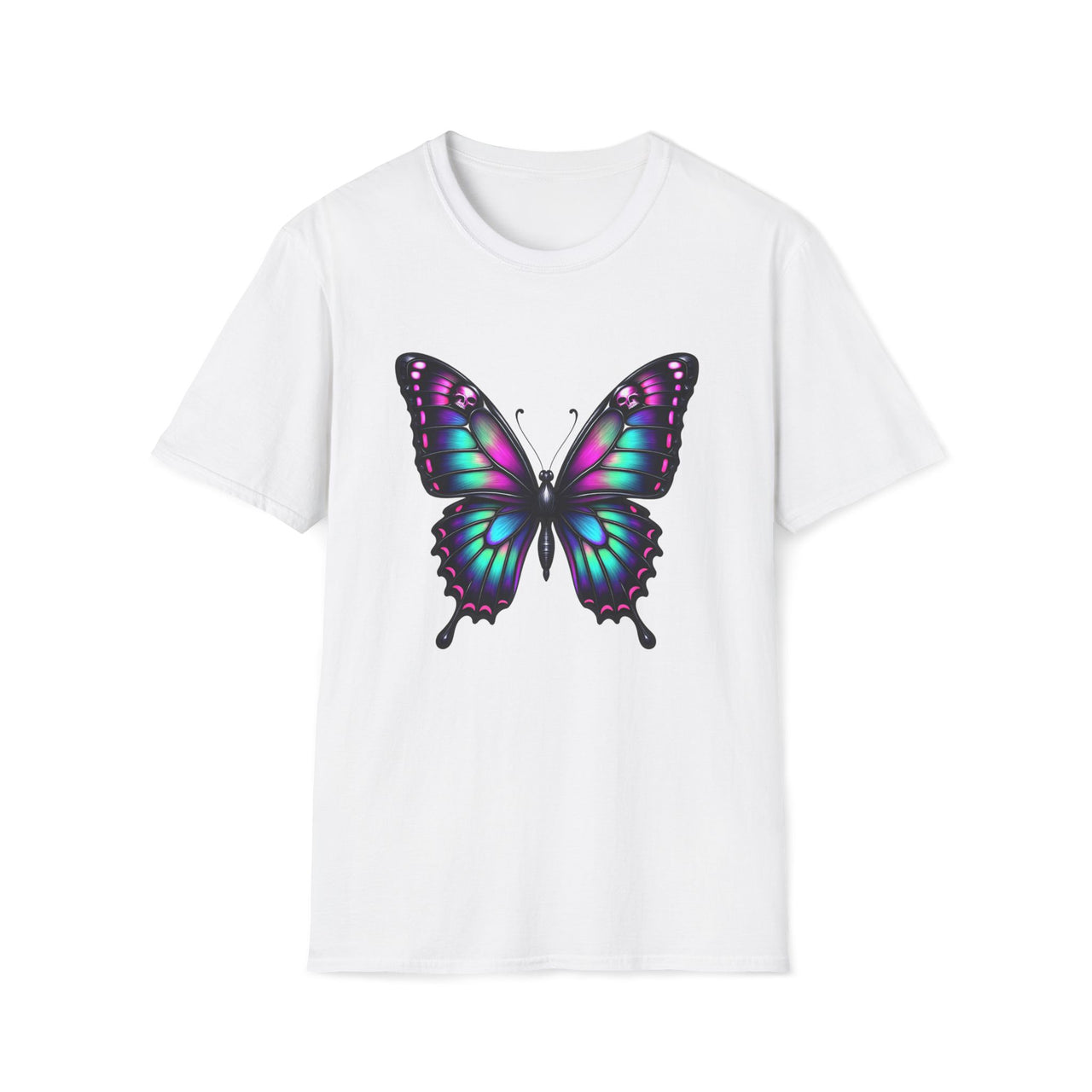 Macabre Threads White Psychedelic Butterfly T-Shirt – Gothic Neon Butterfly Graphic Tee