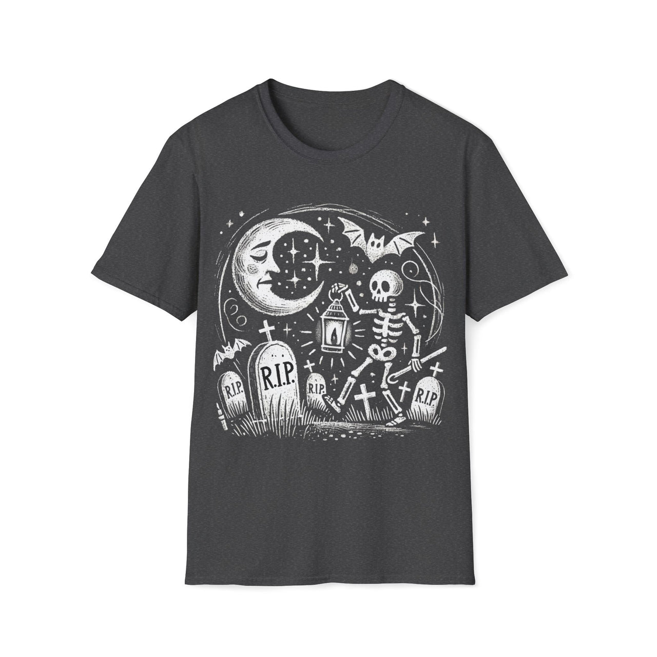 Macabre Threads Dark Heather Lantern’s Glow T-Shirt – Gothic Skeleton Graveyard Design
