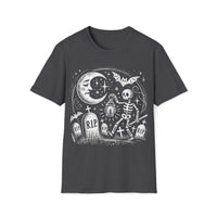 Macabre Threads Dark Heather Lantern’s Glow T-Shirt – Gothic Skeleton Graveyard Design
