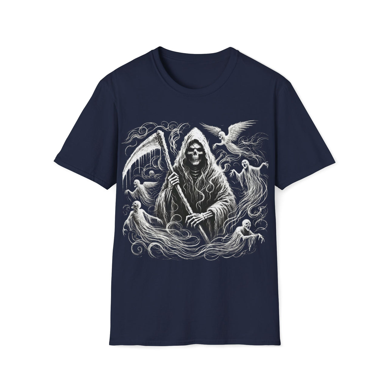 Macabre Threads Navy Soul Harvester – Grim Reaper Spirit T-Shirt