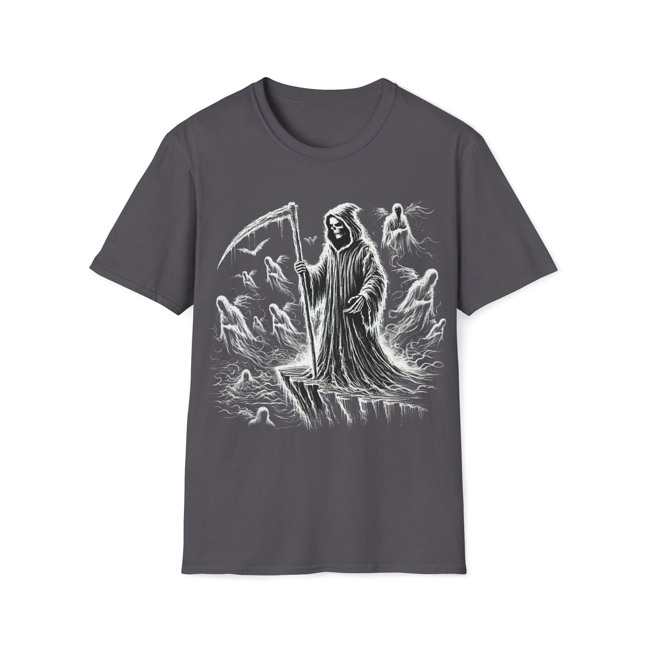 Macabre Threads Charcoal Abyss Beckons – Grim Reaper Cliffside T-Shirt