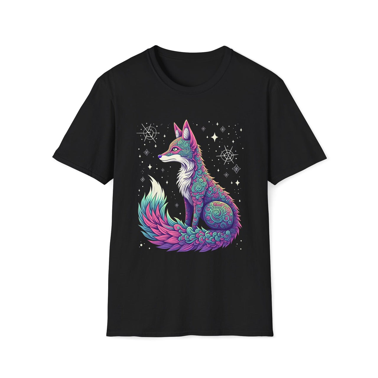 Macabre Threads Black Cosmic Fox T-Shirt – Mystical Neon Fox Graphic Tee