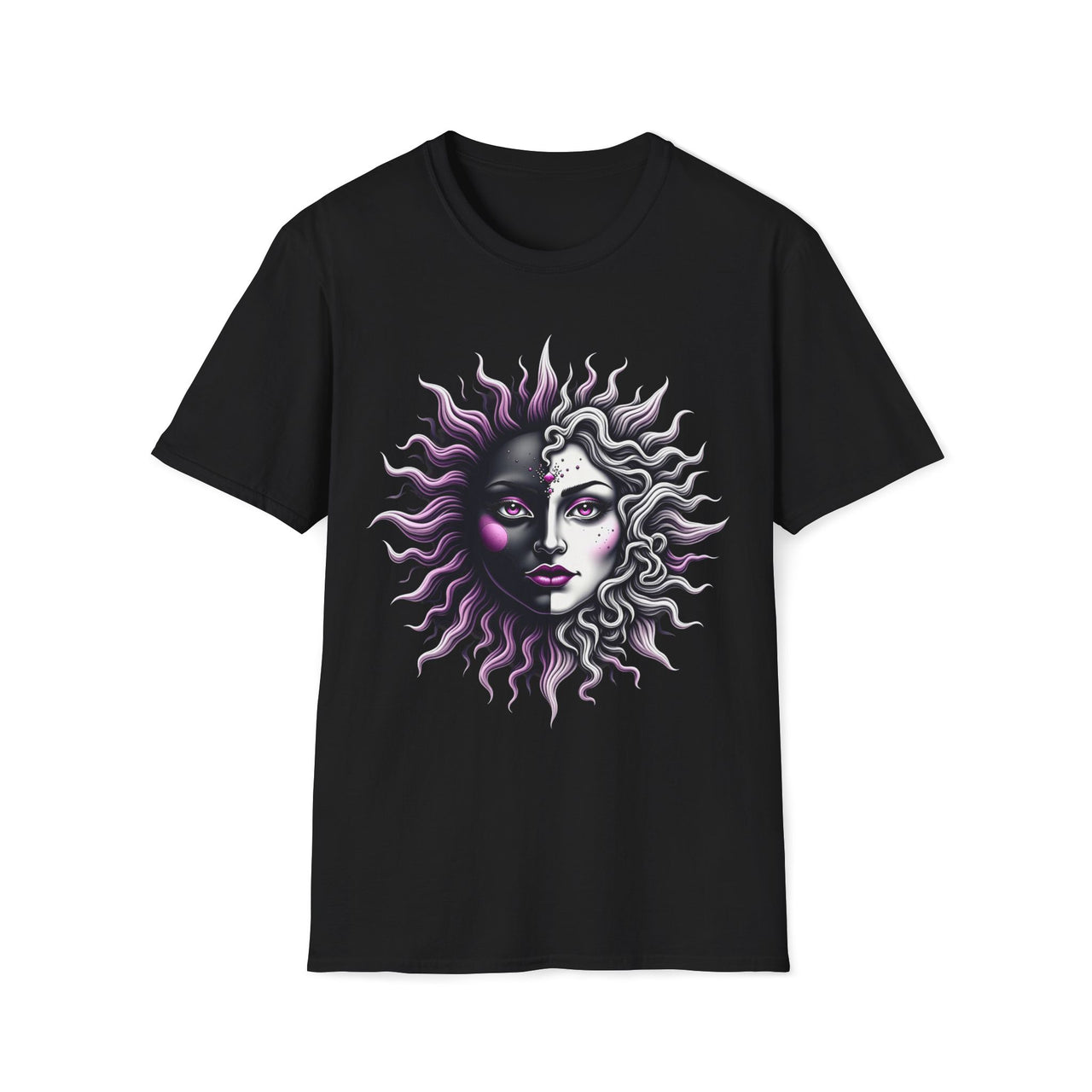 Macabre Threads Black Gothic Celestials T-Shirt – Sun and Moon Face Graphic Tee