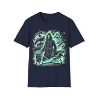 Macabre Threads Navy Ghostwake – Grim Reaper T-Shirt With Ghost Ship