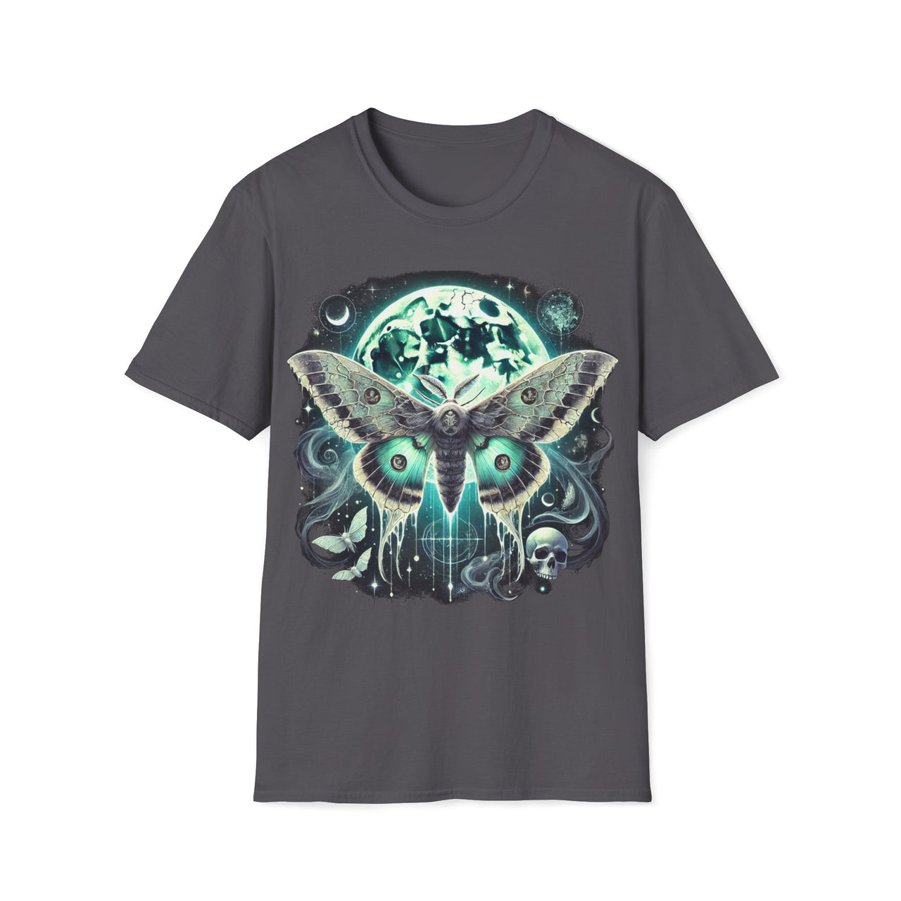 Macabre Threads Charcoal Lunar Mothrise – Gothic Moon Moth T-Shirt