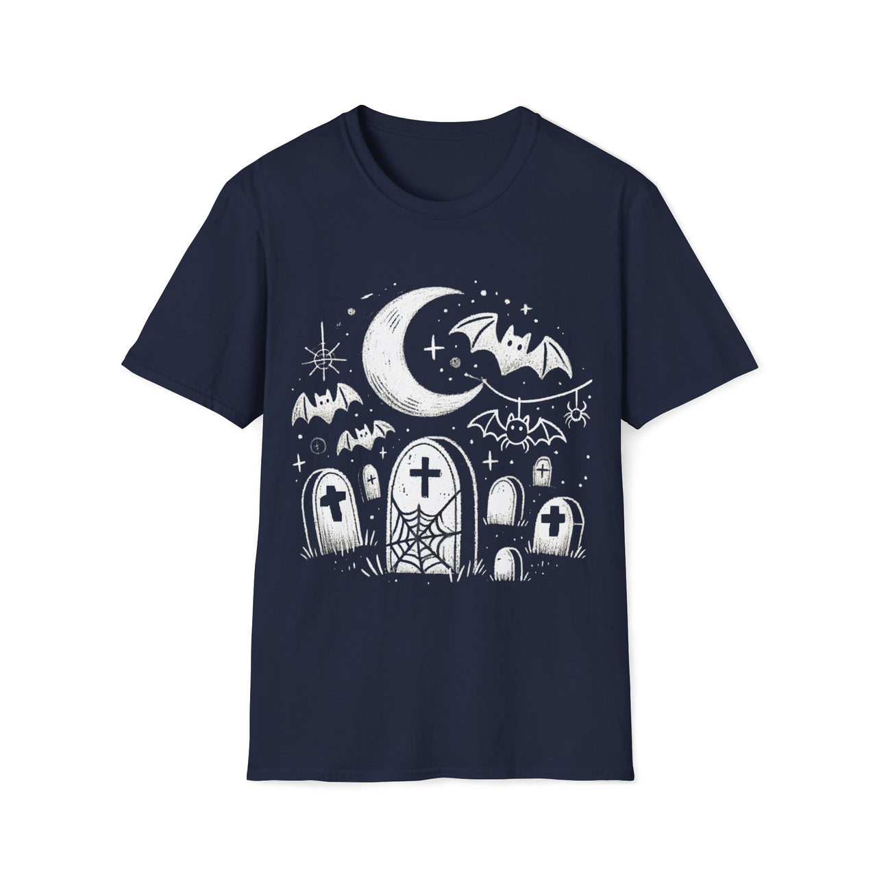 Macabre Threads Navy Starlit Rest T-Shirt – Gothic Graveyard Under the Moon