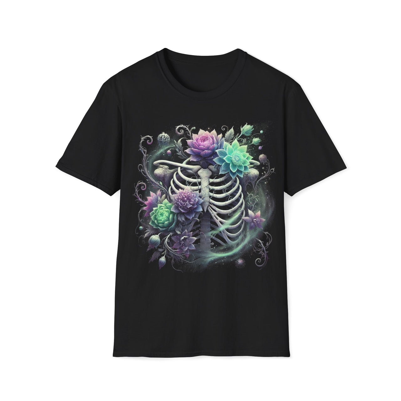 Macabre Threads Black Phantom Bloom T-Shirt – Gothic Skeleton Floral Design