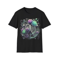 Macabre Threads Black Phantom Bloom T-Shirt – Gothic Skeleton Floral Design