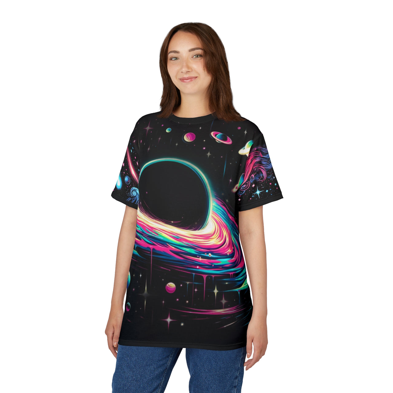 Macabre Threads Cosmic Collapse All-Over Print T-Shirt – Galactic Devastation Void Tee