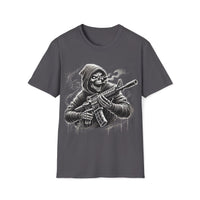Macabre Threads Charcoal Grim Vigilante – Grim Reaper Rifle T-Shirt