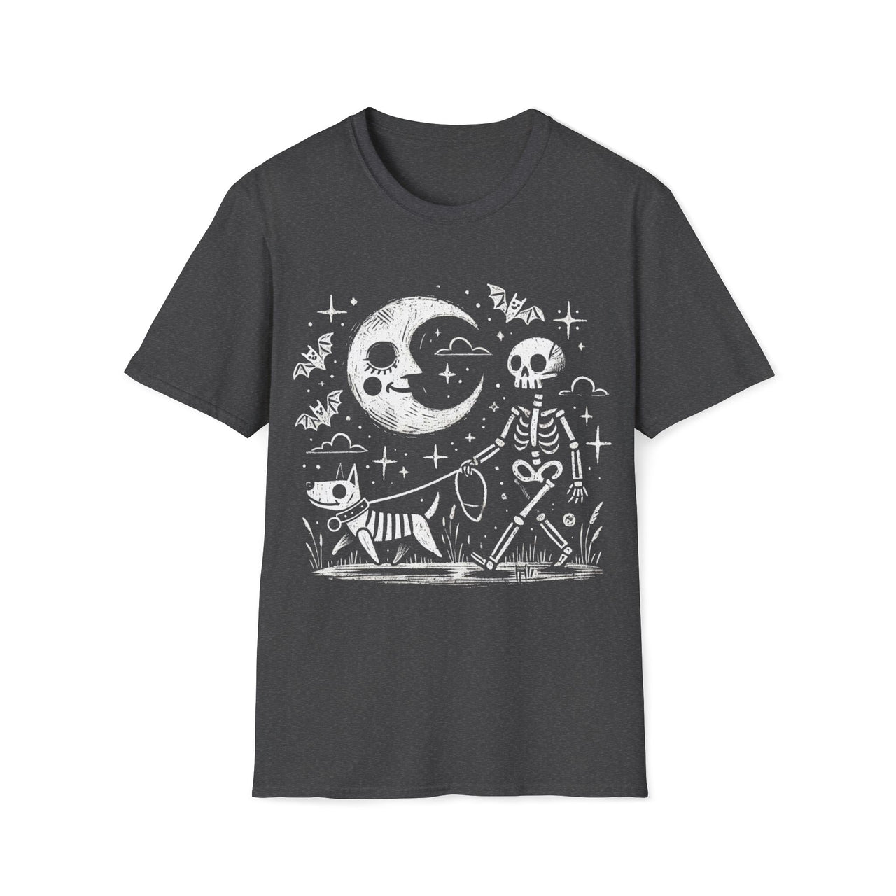 Macabre Threads Dark Heather Midnight Stroll T-Shirt – Whimsical Gothic Skeleton and Dog Design