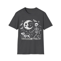 Macabre Threads Dark Heather Midnight Stroll T-Shirt – Whimsical Gothic Skeleton and Dog Design
