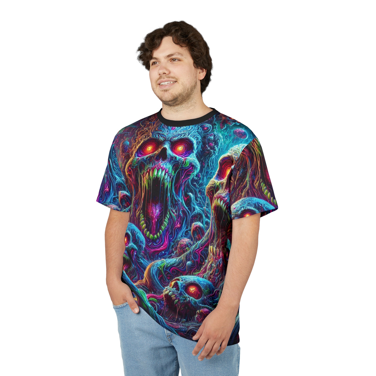 Macabre Threads Echoes of the Damned All-Over Print T-Shirt – Surreal Skull Horror Tee