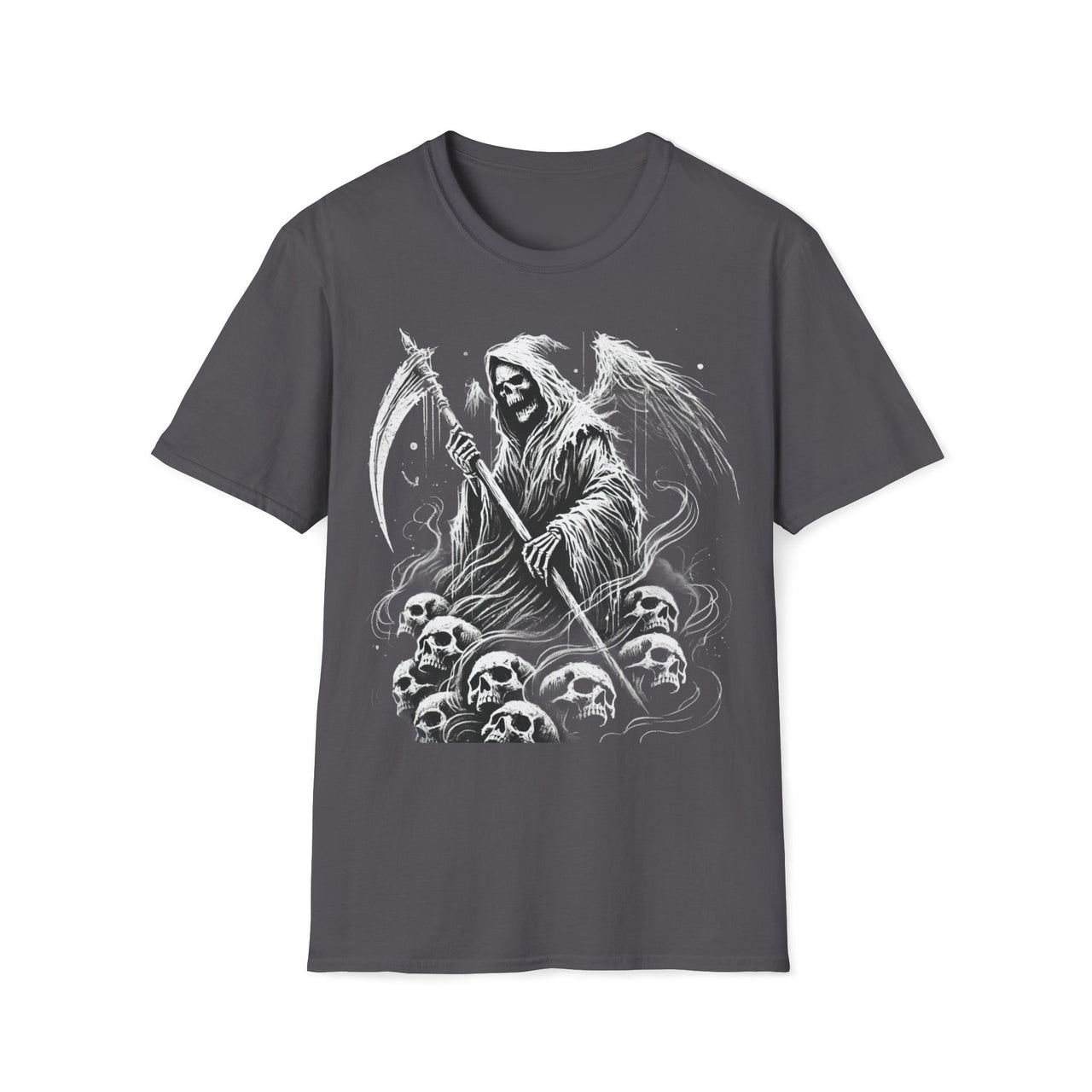 Macabre Threads Charcoal Death’s Dominion – Grim Reaper Skull Pile T-Shirt