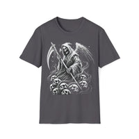 Macabre Threads Charcoal Death’s Dominion – Grim Reaper Skull Pile T-Shirt