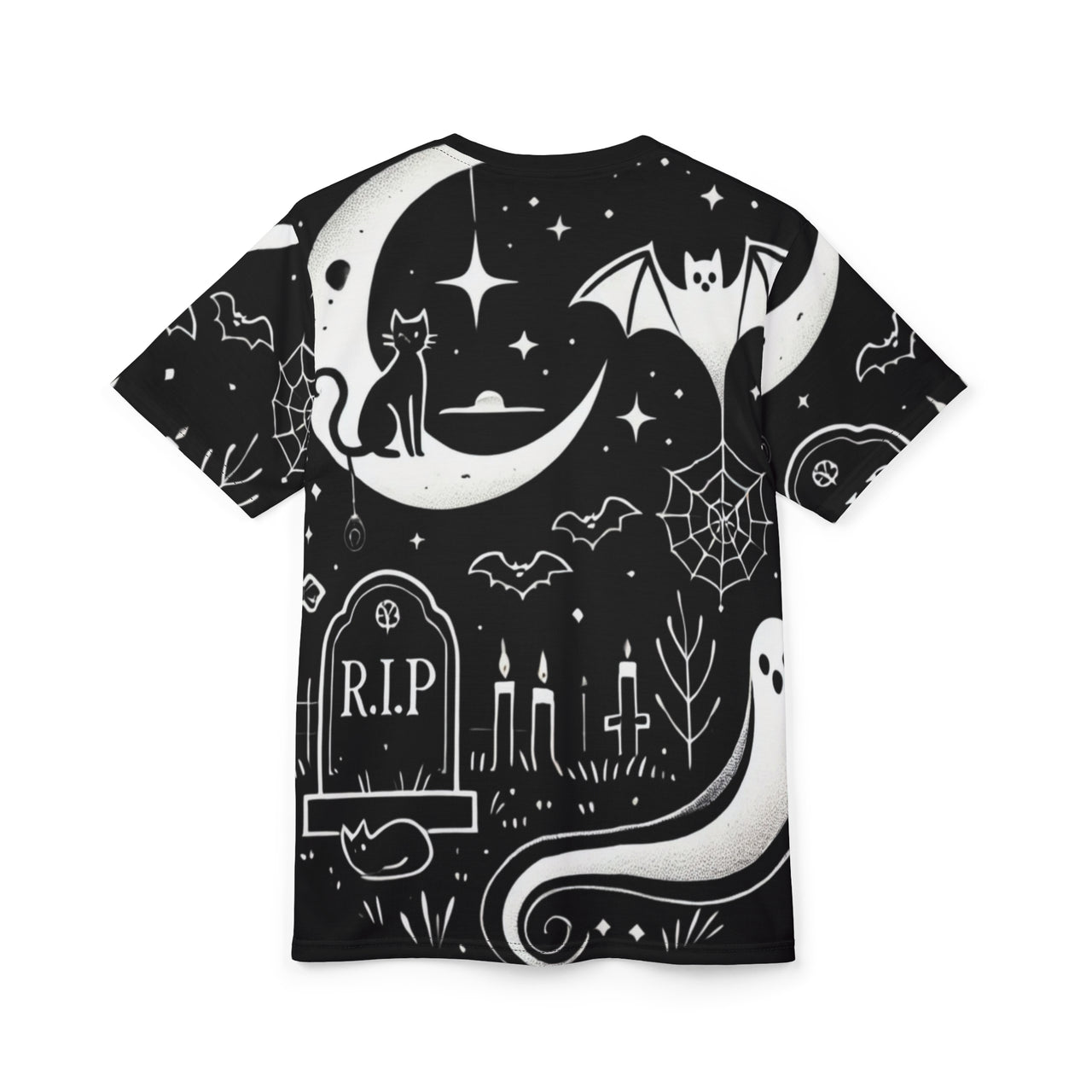 Macabre Threads Phantom Night All-Over Print T-Shirt – Moonlit Graveyard Ghost Tee