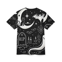 Macabre Threads Phantom Night All-Over Print T-Shirt – Moonlit Graveyard Ghost Tee