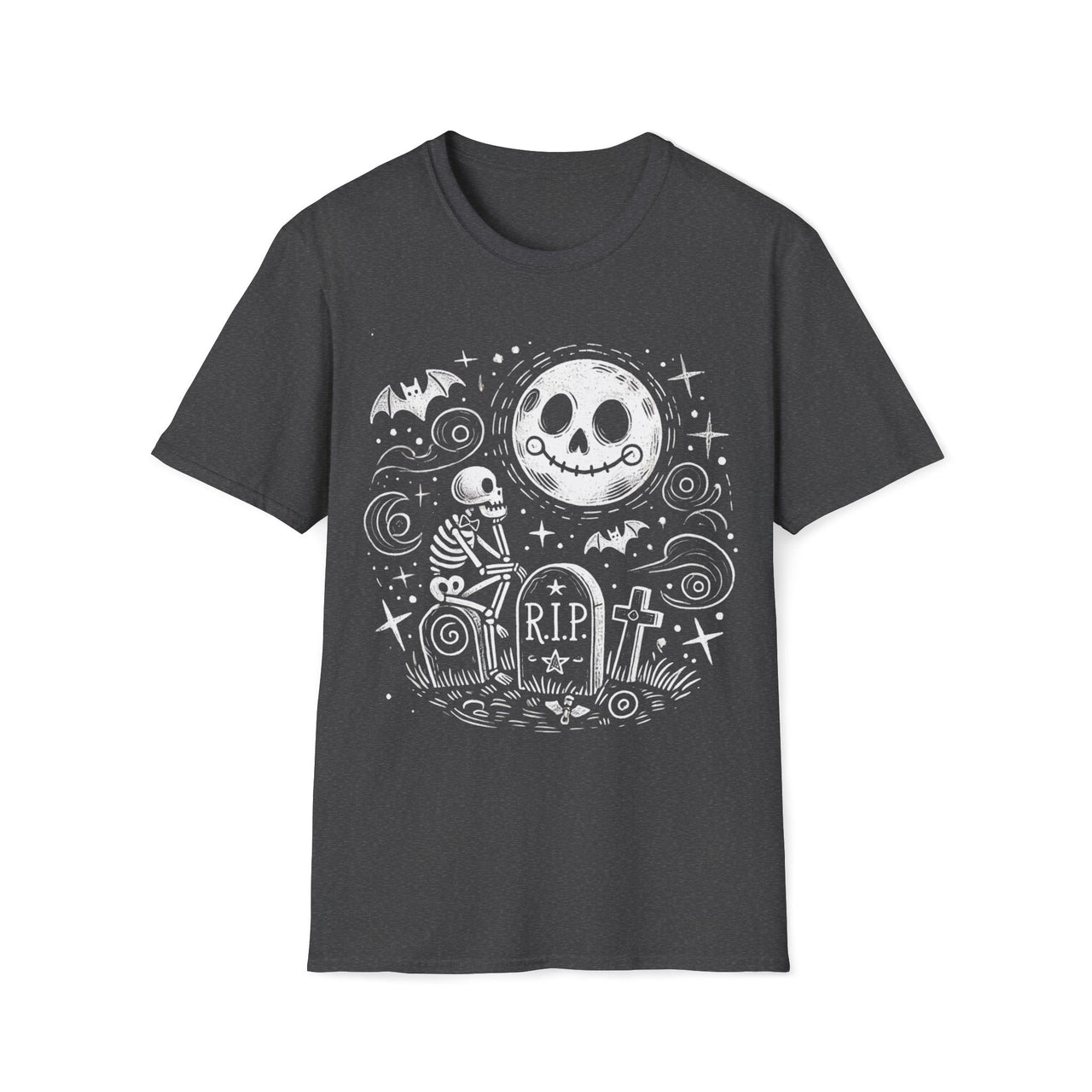 Macabre Threads Dark Heather Moonlit Vigil T-Shirt – Whimsical Gothic Skeleton and Moon Design