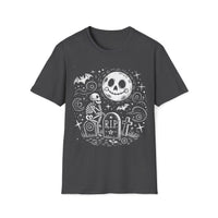 Macabre Threads Dark Heather Moonlit Vigil T-Shirt – Whimsical Gothic Skeleton and Moon Design