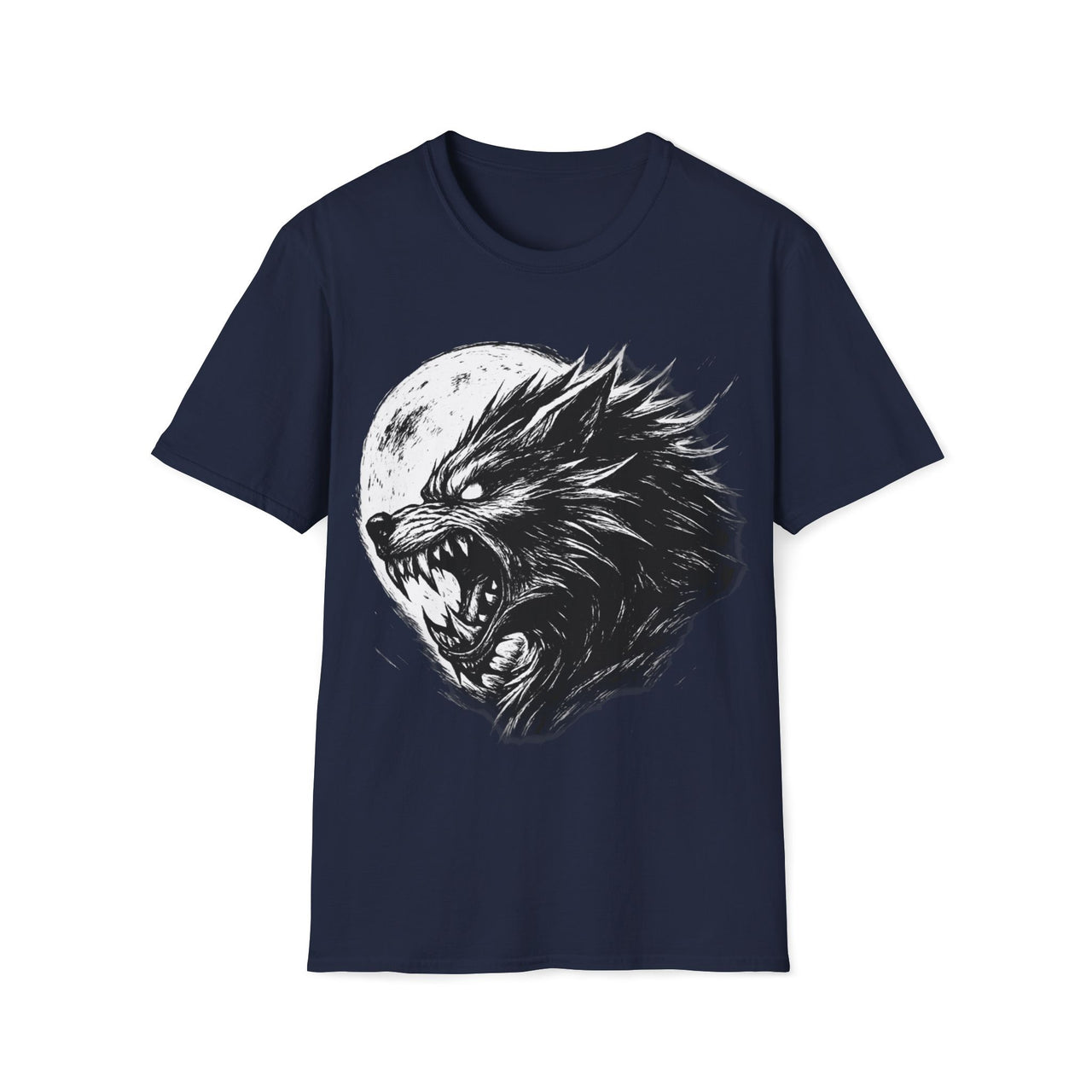 Macabre Threads Navy Lunar Snarl – Moonlit Wolf T-Shirt