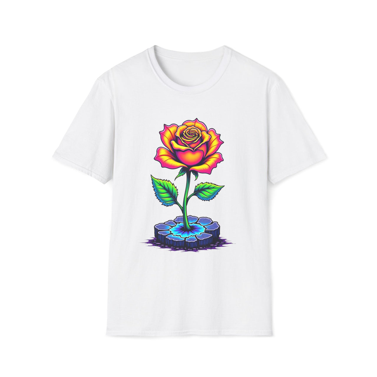 Macabre Threads White Aurora Blossom T-Shirt – Neon Rose Graphic Tee