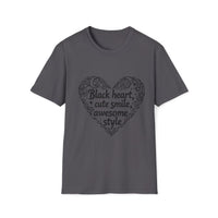 Macabre Threads Charcoal Charming Contrast T-Shirt – Gothic Heart Statement Tee