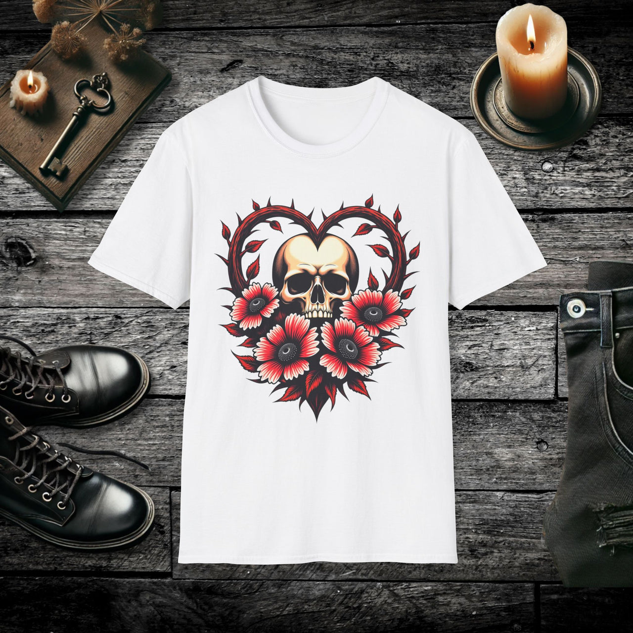 Gothic Bloom Romantic Skull T Shirt – Dark Floral Gothic Tee