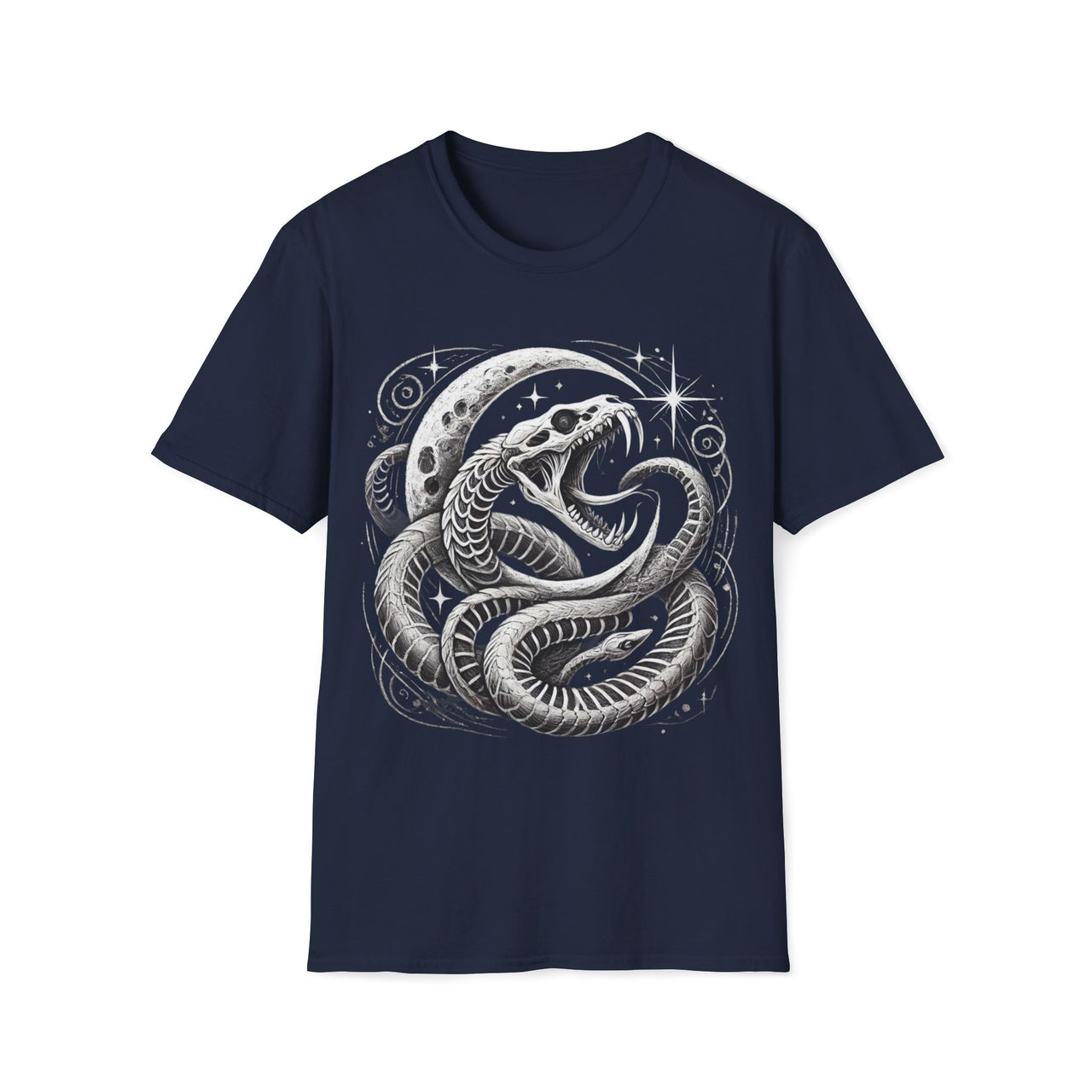 Macabre Threads Navy Lunar Coil – Gothic Moon Serpent T-Shirt