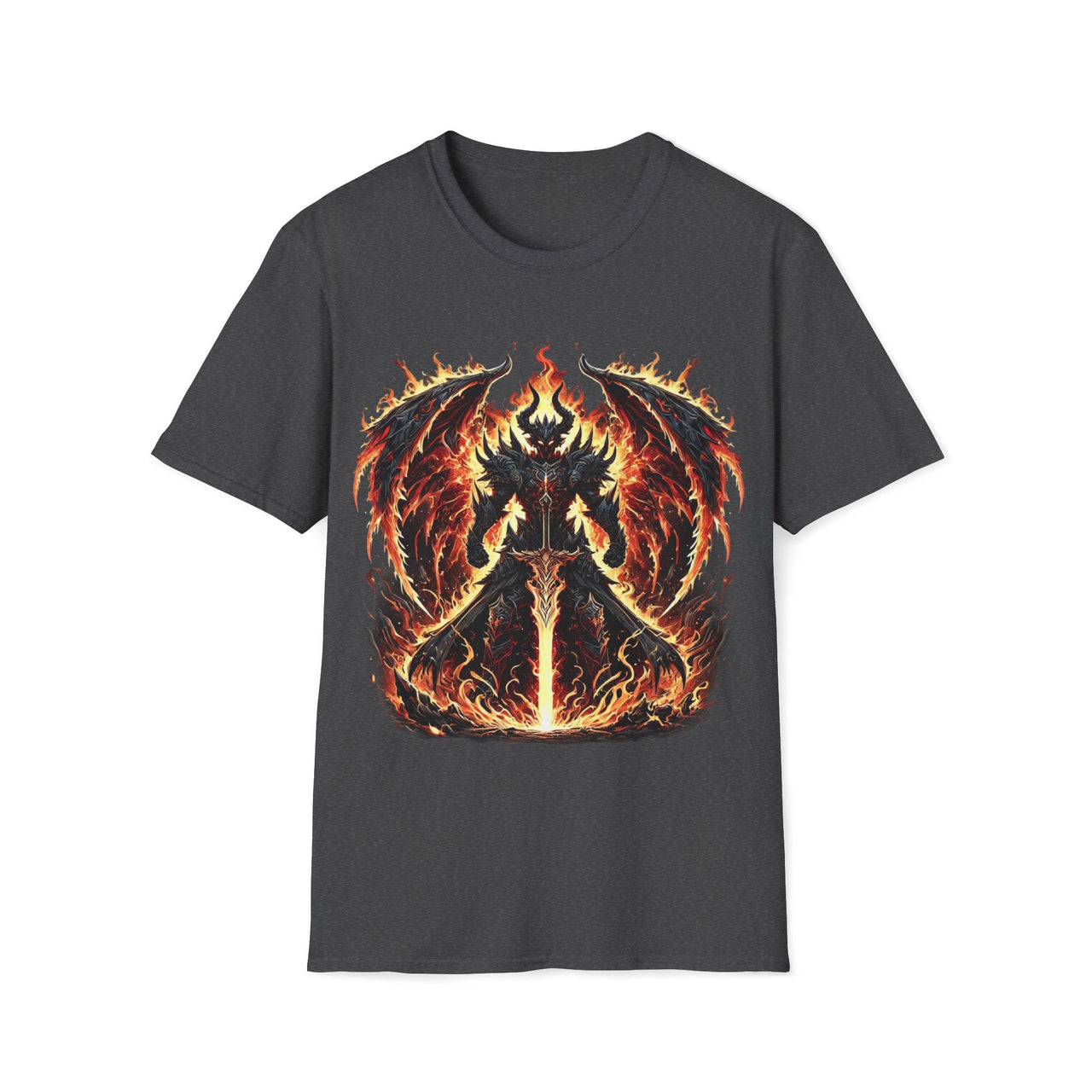 Macabre Threads Dark Heather Infernal Overlord T-Shirt – Demonic Warrior in Flames