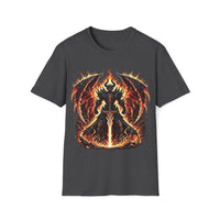 Macabre Threads Dark Heather Infernal Overlord T-Shirt – Demonic Warrior in Flames