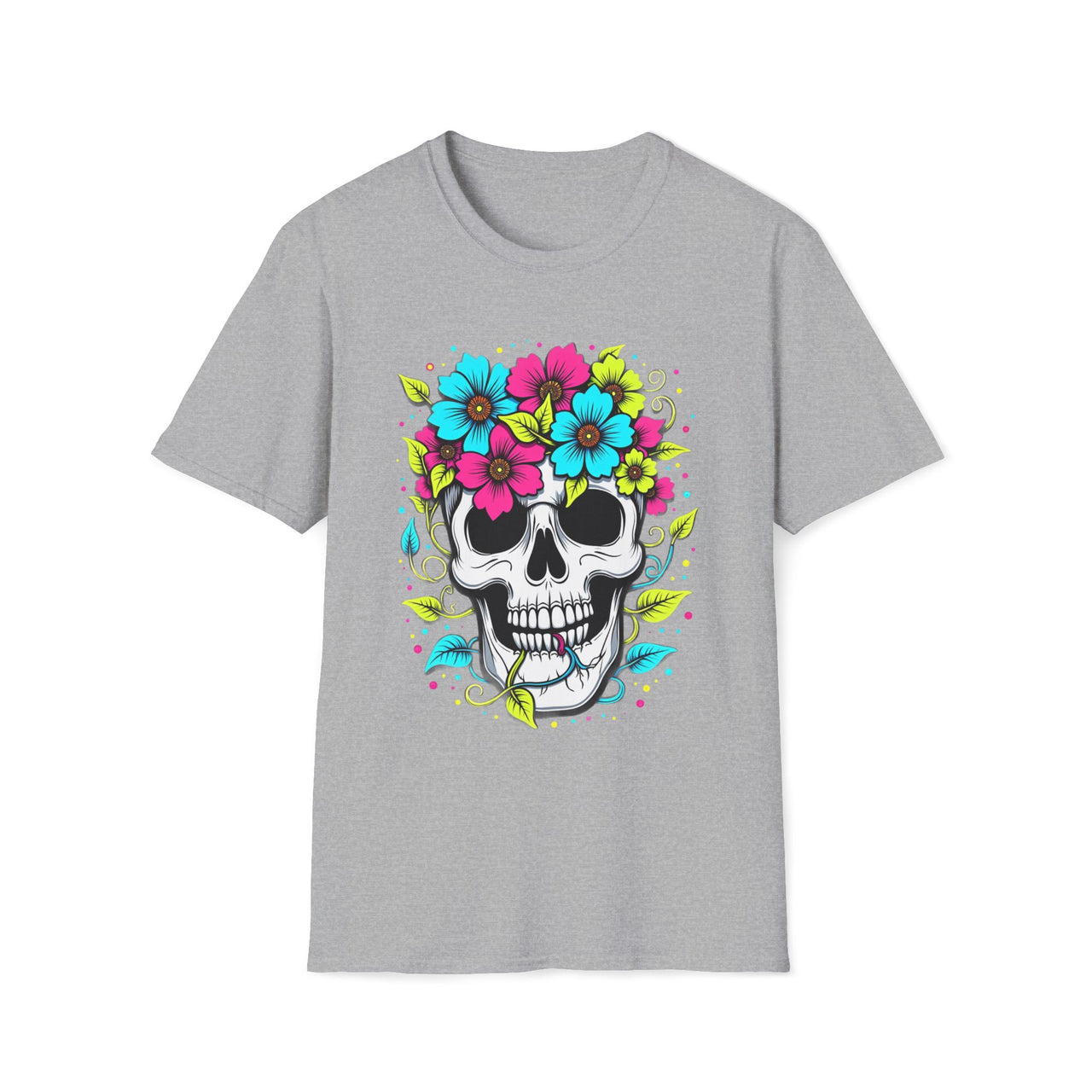 Macabre Threads Sport Grey Floral Spiral Flower Crown Skull T Shirt – Colorful Gothic Tee