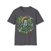 Macabre Threads Charcoal Nocturnal Sovereign – Gothic Moon Owl T-Shirt