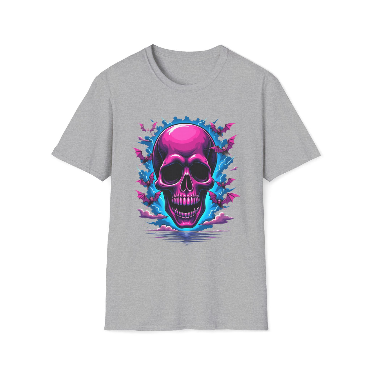 Macabre Threads Sport Grey Bat Swirl Skull T Shirt – Neon Gothic Bat Skull Tee