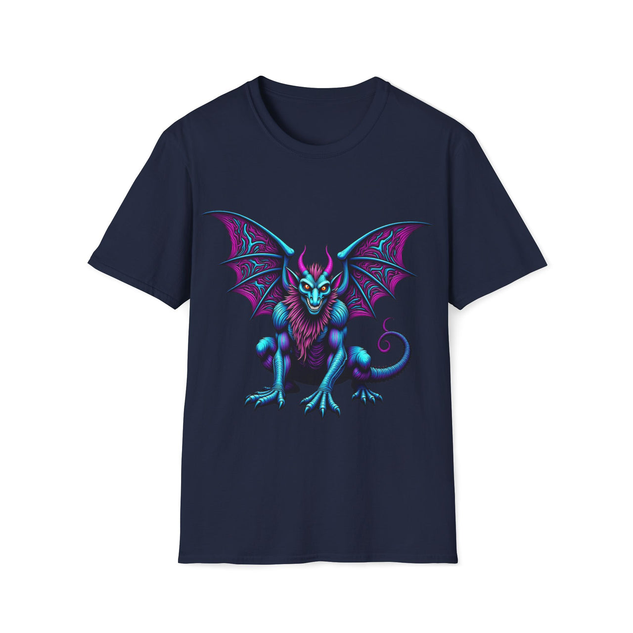 Macabre Threads Navy Psychedelic Gargoyle T-Shirt – Neon Gothic Creature Design