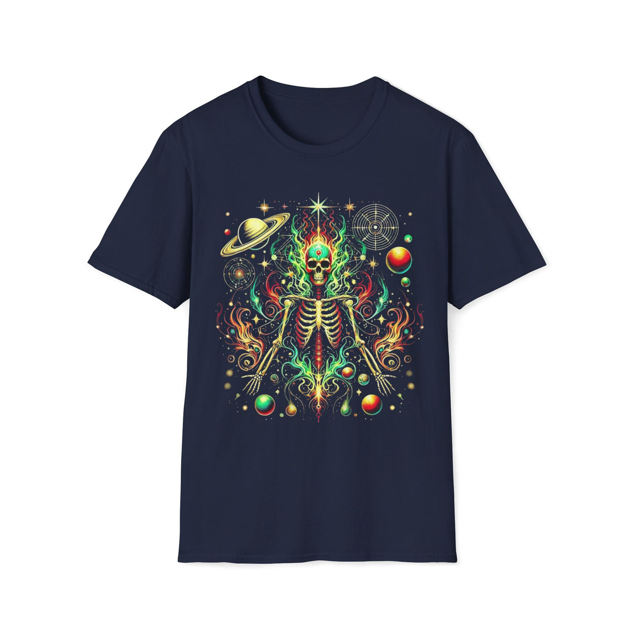 Macabre Threads Navy Stellar Revenant T-Shirt – Cosmic Skeleton Fire Design