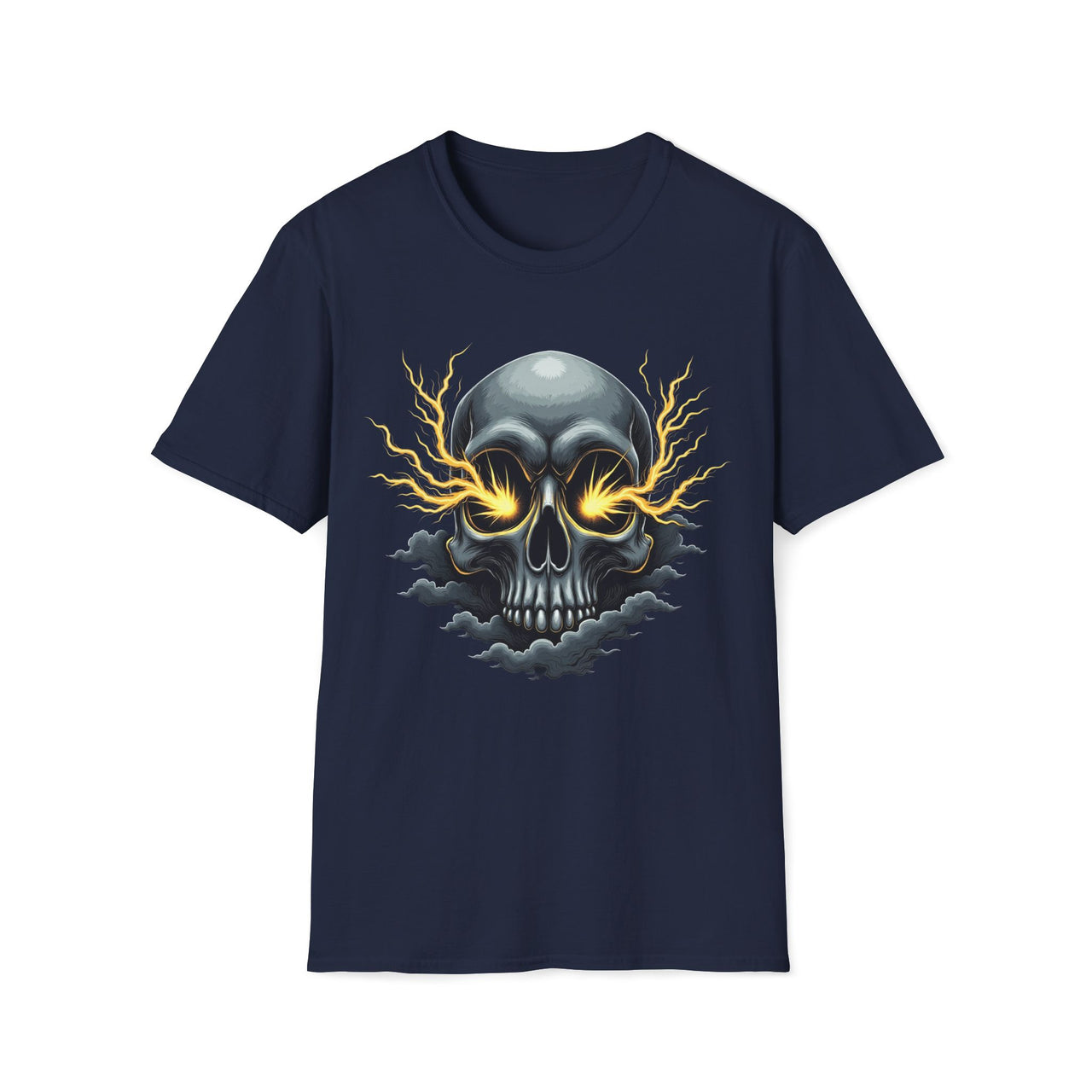 Macabre Threads Navy Storm Skull Electric Skull T Shirt – Gothic Lightning Tee