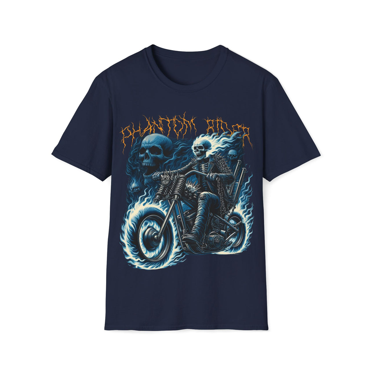 Macabre Threads Navy Phantom Rider – Skeleton Motorcycle Shirt