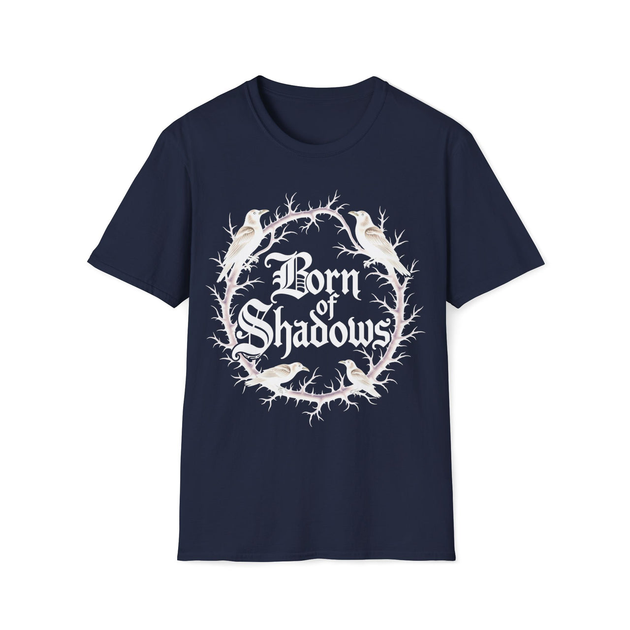 Macabre Threads Navy Shadow Born T-Shirt – Gothic Typography and Crow Design
