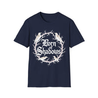 Macabre Threads Navy Shadow Born T-Shirt – Gothic Typography and Crow Design