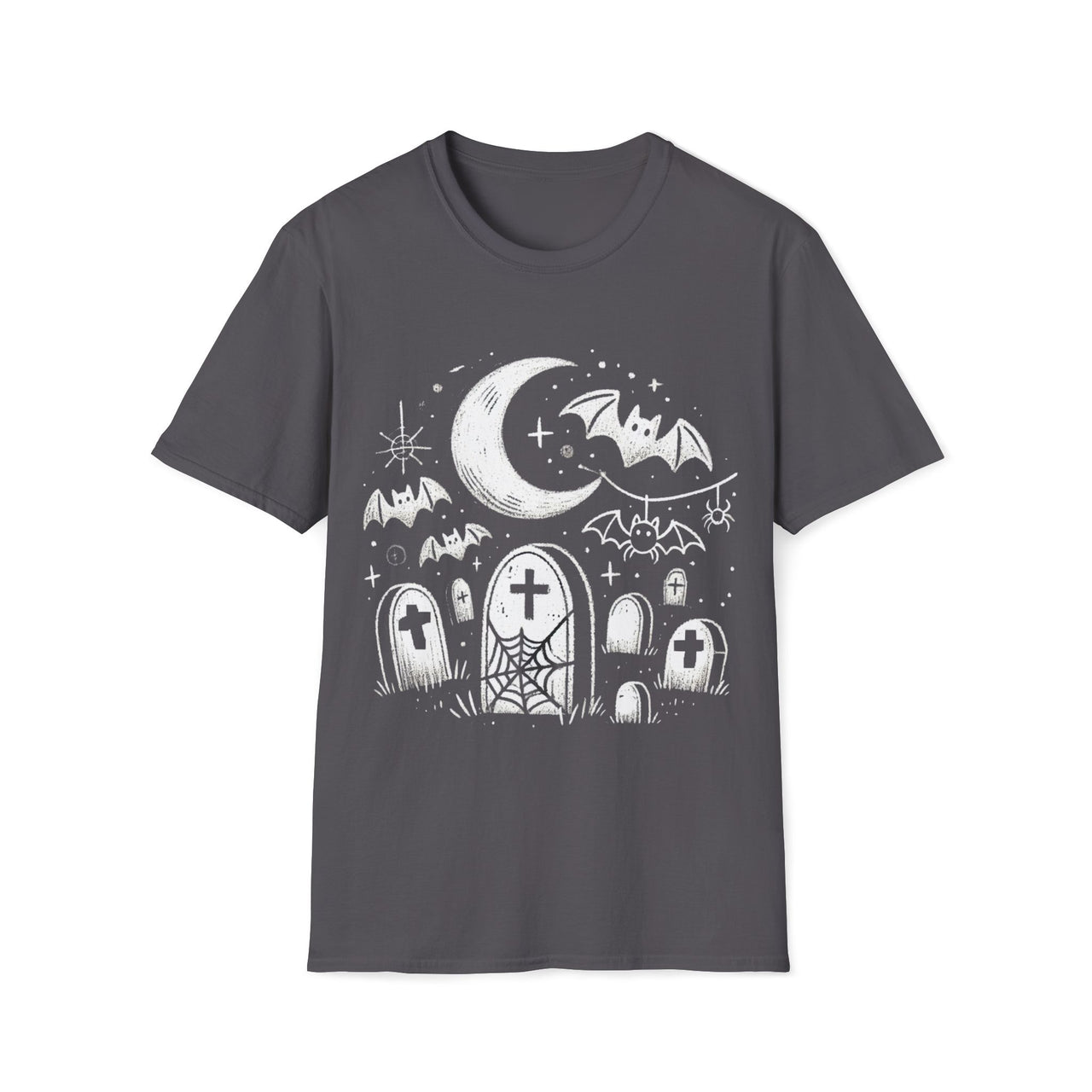Macabre Threads Charcoal Starlit Rest T-Shirt – Gothic Graveyard Under the Moon
