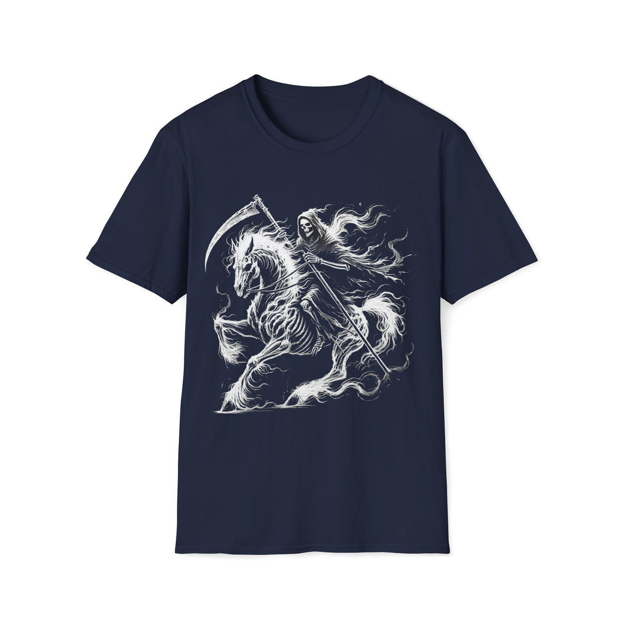 Macabre Threads Navy Doomstead – Grim Reaper T-Shirt On Horseback