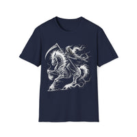 Macabre Threads Navy Doomstead – Grim Reaper T-Shirt On Horseback