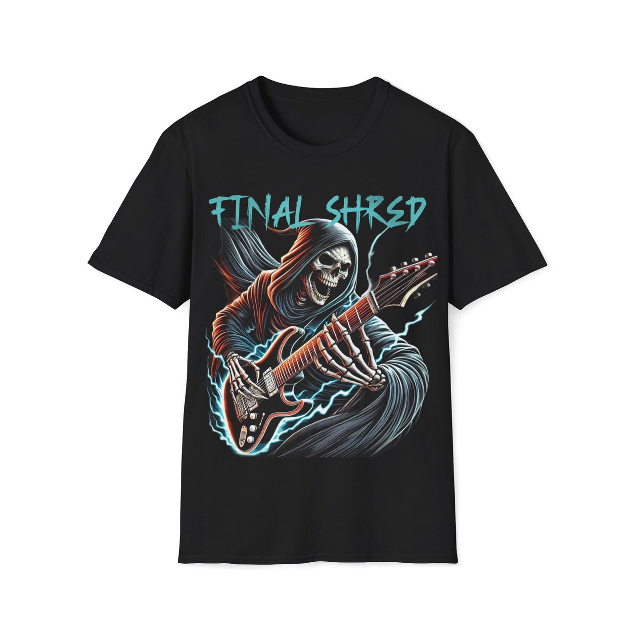 Macabre Threads Black Strings of Fate – Grim Reaper Guitar T-Shirt