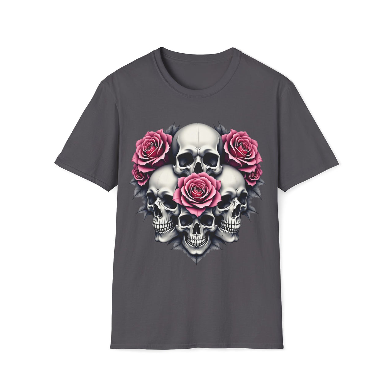 Macabre Threads Charcoal Fractal Fusion – Floral Skull Shirt